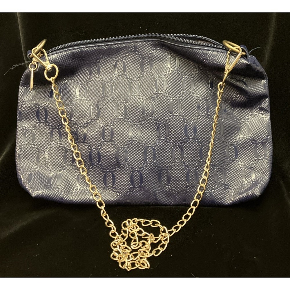 Royal Blue Embossed Unbranded Purse w/ Gold Tone Chain Strap Hardware Zip Close